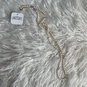 Vintage 80s Faux Pearl and Blue Bead Long Strand Necklace